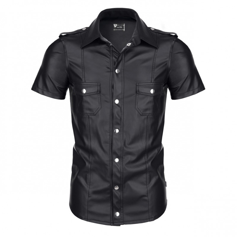 Luca Camisa Wetlook con Corchetes Negra