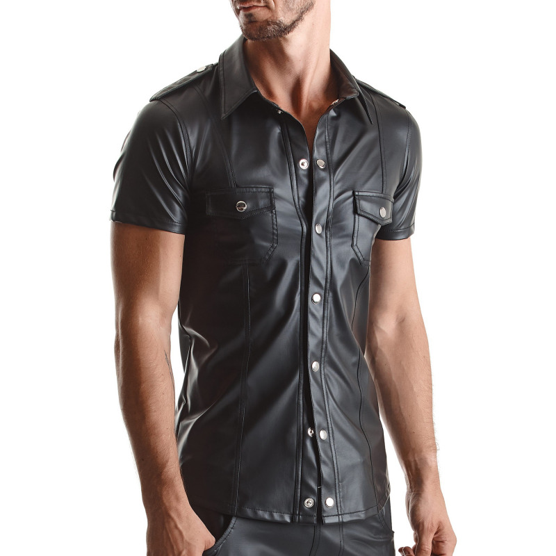 Luca Camisa Wetlook con Corchetes Negra